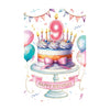 9th birthday greeting card with decorated cake, pink number nine candle, balloons and Happy Birthday banner