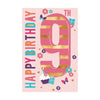 9th birthday greeting card with pink striped number nine, flowers, cupcake and Happy Birthday text