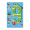 9th birthday greeting card with large striped number nine, stars and gifts with Happy Birthday text