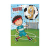 Kids 9th birthday greeting card with cartoon soccer player and football shaped number nine saying “You’re 9”