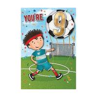 Kids 9th birthday greeting card with cartoon soccer player and football shaped number nine saying “You’re 9”